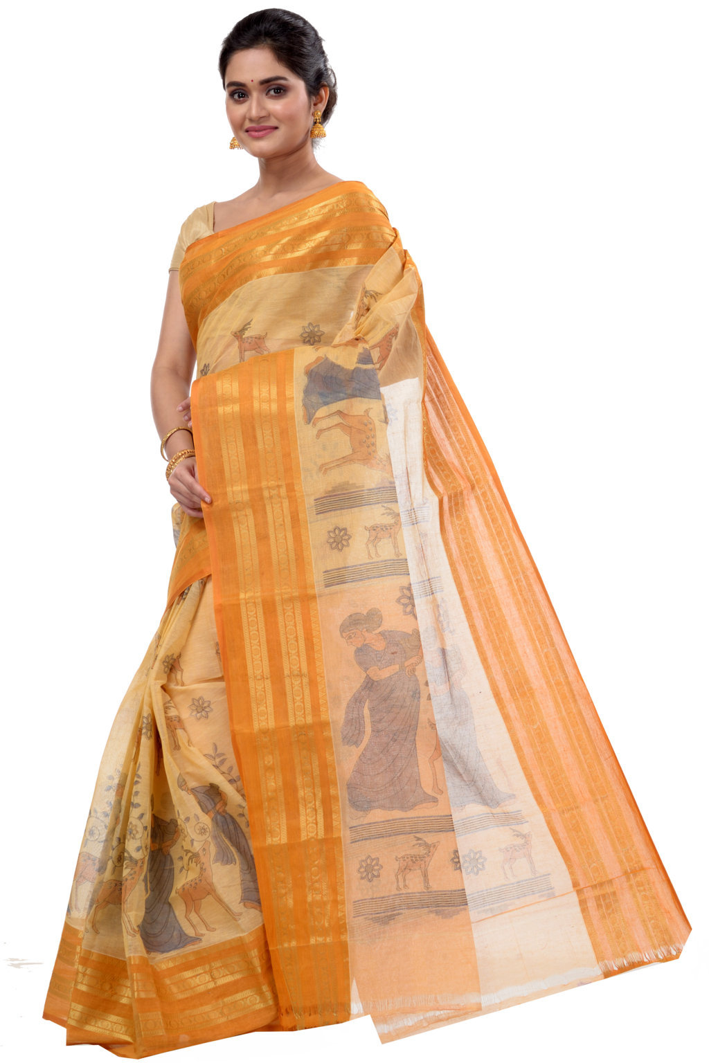 Brown Pure Cotton Sakuntala Tant Saree Print (1831)